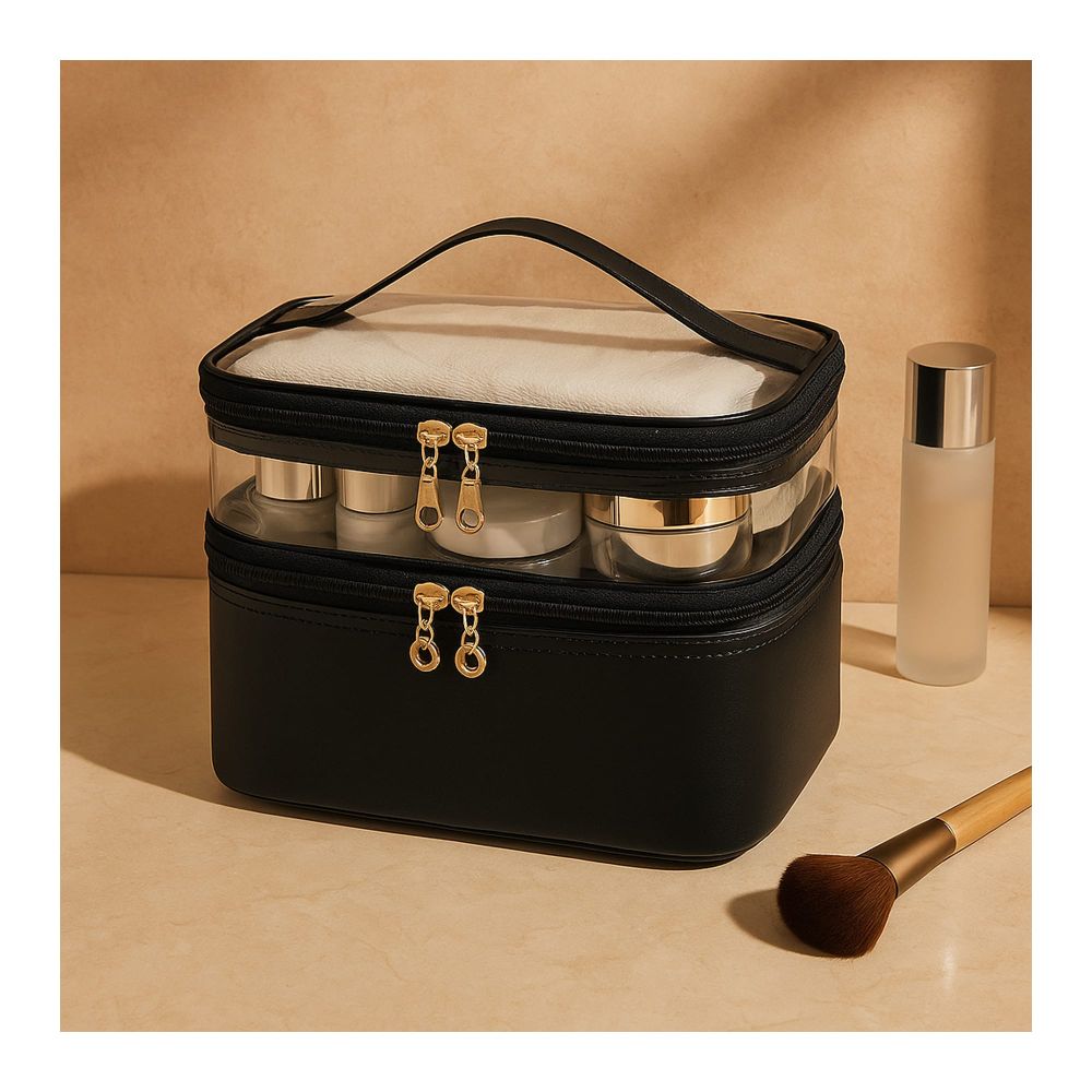Waterproof Double Layer Zipper Travel Cosmetic Bag, Makeup Organizer & Toiletry Pouch, Black - Main Image