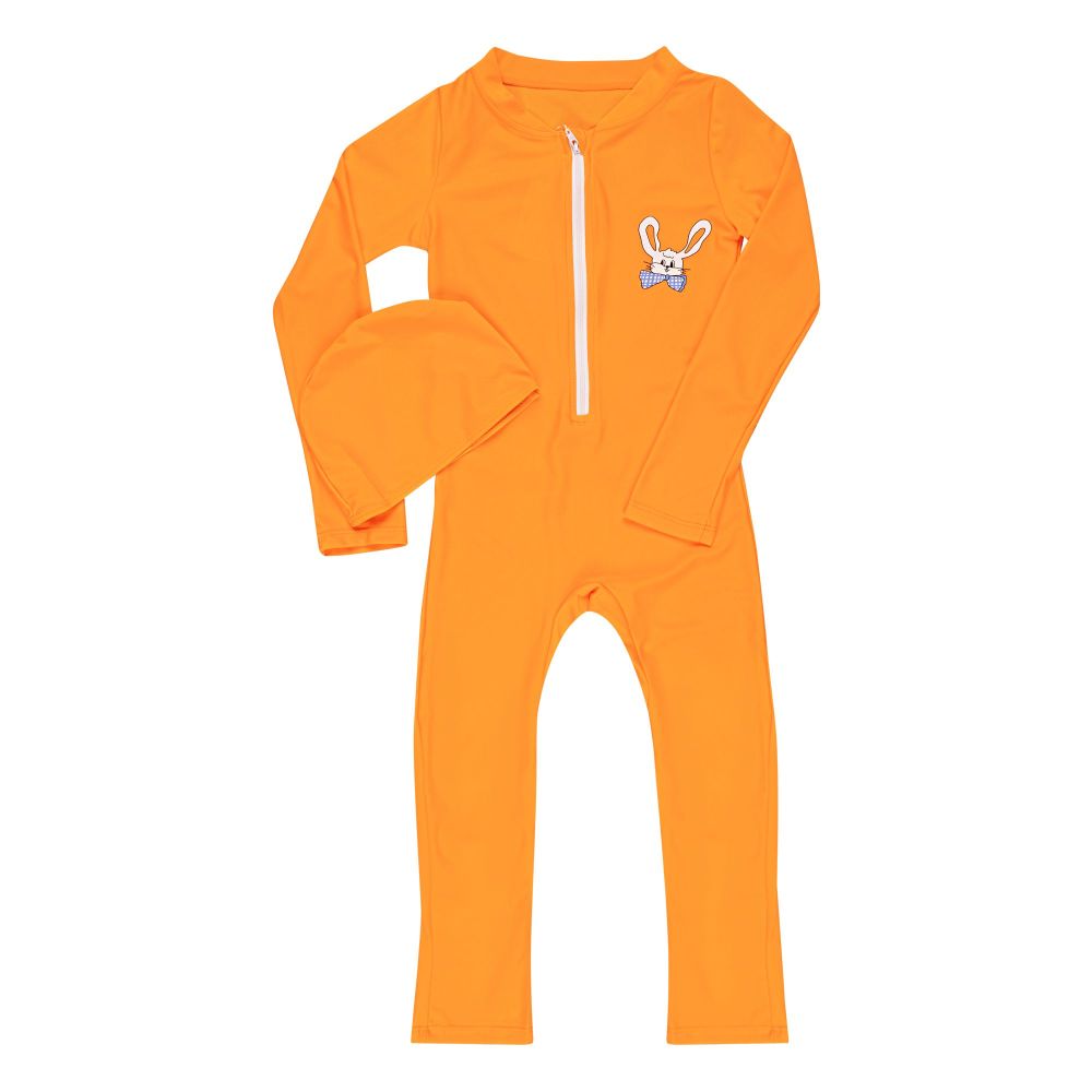 Kids 1-Piece Swimsuit with Cap, Swimwear Bathing Suit For 5-6 Years, Orange, Z047 - Main Image