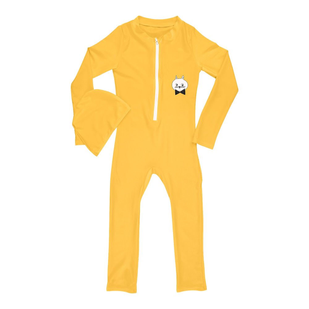 Kids 1-Piece Swimsuit with Cap, Swimwear Bathing Suit For 5-6 Years, Yellow, Z047 - Main Image