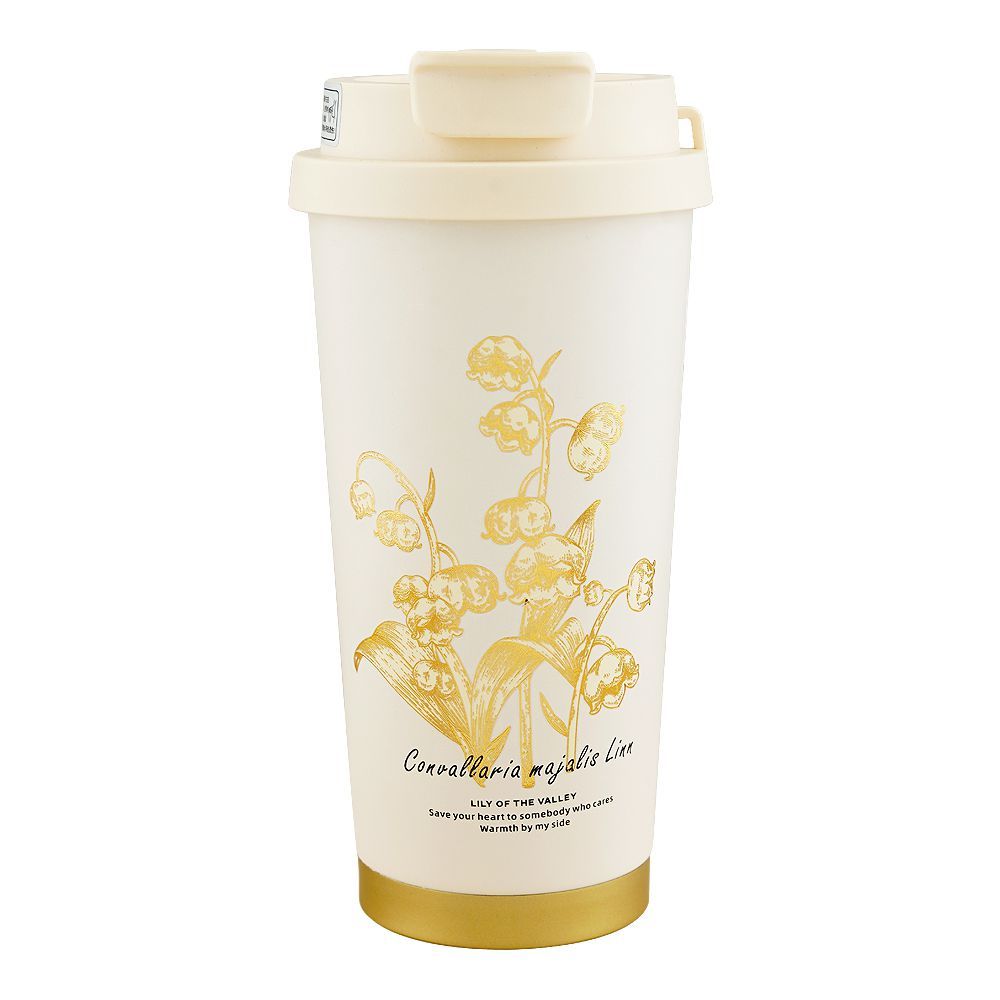 Floral Stainless Steel Vacuum Insulated Thermos Flask Travel Coffee Mug with Straw, 520ml, White, 0001233 - Main Image