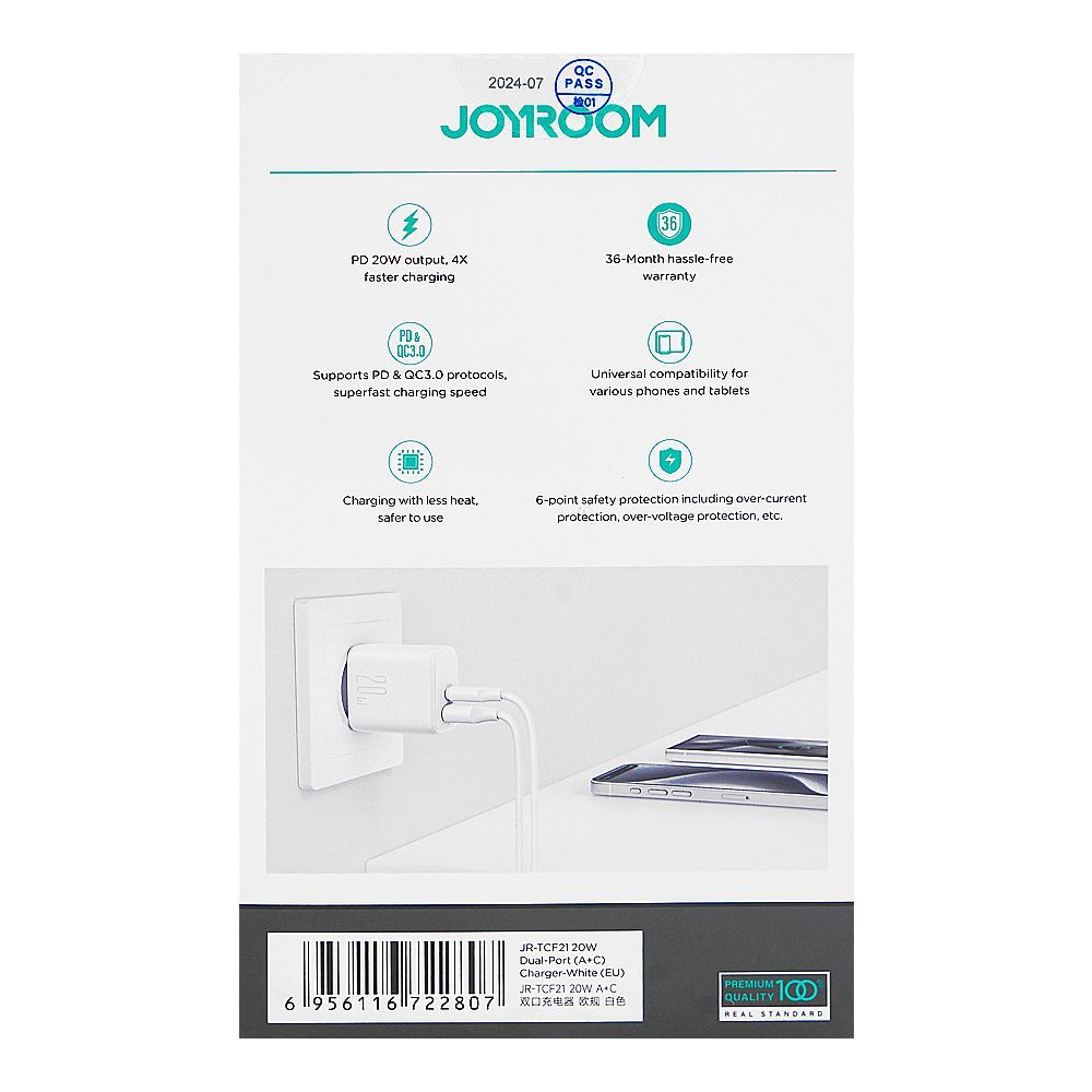 Joyroom 20W Dual Port (A+C) Wall Charger, White, JR-TCF21EU - Image 4