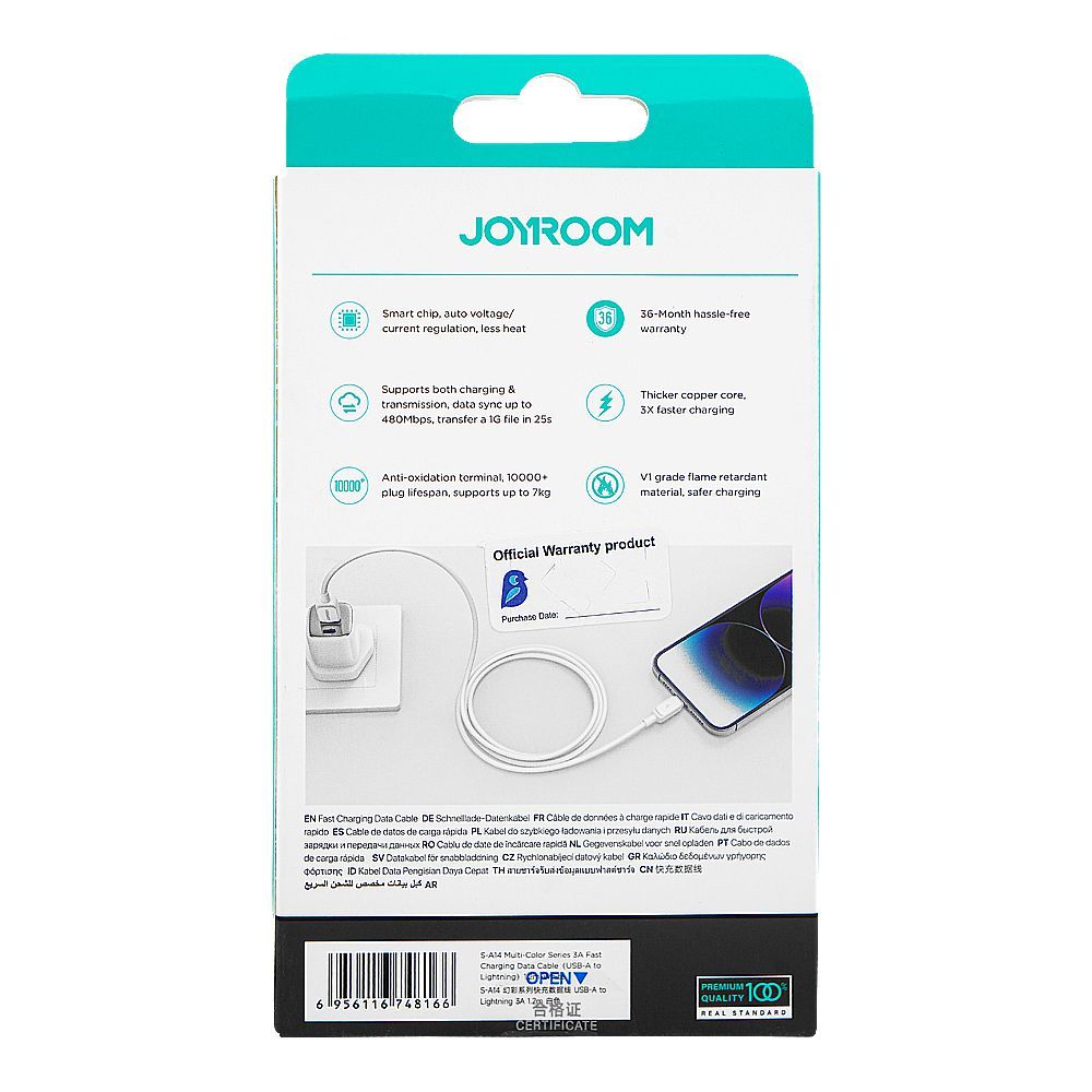 Joyroom Multi Color Series USB-A To Lightning Fast Charging Data Cable (1.2m/4ft, 3A), White, S-A14 - Image 4