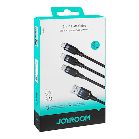 Joyroom Multi-Use Series 3-in-1 USB-A To Lightening+Type-C+Micro Data Cable (1.2m/4ft,3.5A), Black, S-A18 - Image 2