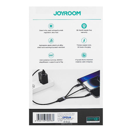 Joyroom Multi-Use Series 3-in-1 USB-A To Lightening+Type-C+Micro Data Cable (1.2m/4ft,3.5A), Black, S-A18 - Image 4