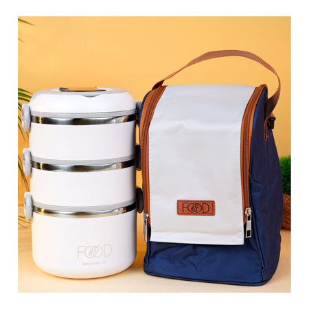 3 layers Stainless Steel Thermal Lunch Box With Bag, White, 100796 - Main Image