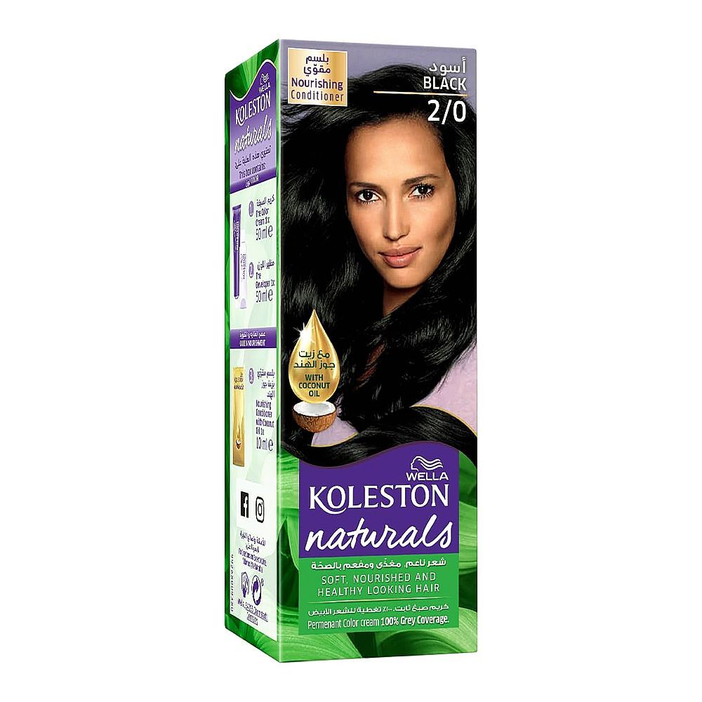 Wella Koleston Naturals Permanent Hair Color Cream Kit - Salon Quality Hair Dye, 2/0 Black - Main Image