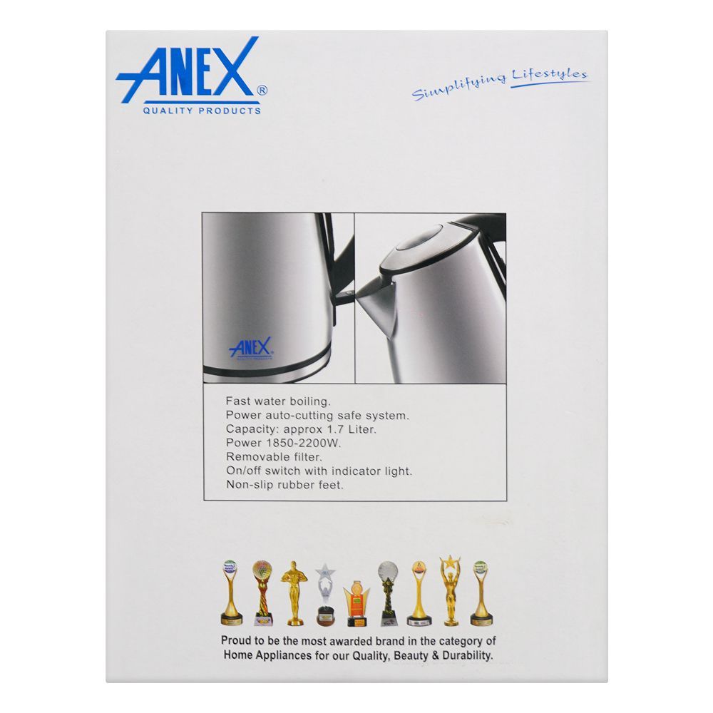 Anex Deluxe Electric Kettle, 1850-2200W, 1.7 Liter Capacity, Black & Silver, AG-4046 - Image 4