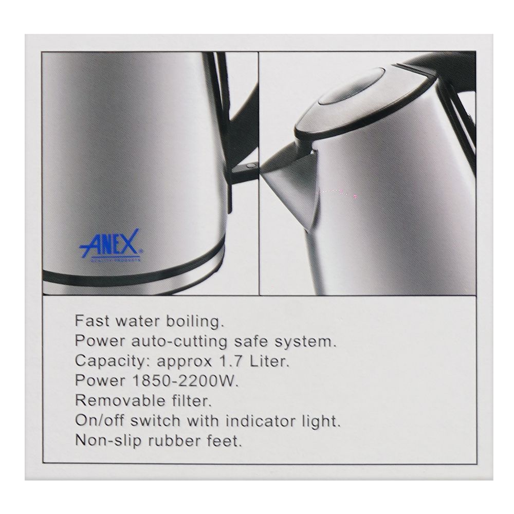 Anex Deluxe Electric Kettle, 1850-2200W, 1.7 Liter Capacity, Black & Silver, AG-4046 - Image 5