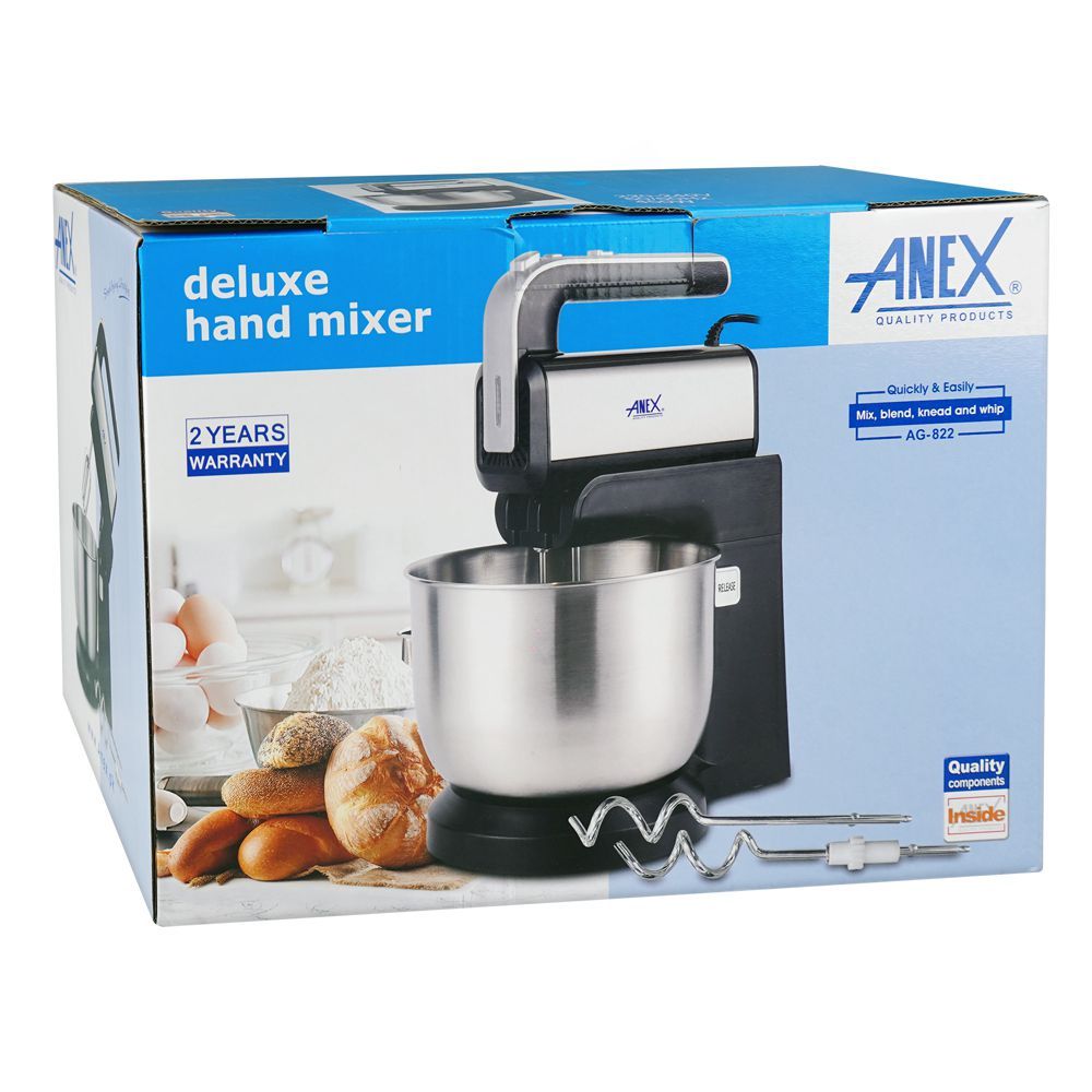 Anex Deluxe Hand Mixer with Bowl, 2 Chrome Beater & Dough Hook, 450W, 3.5 Liter Bowl, Black, AG-822 - Image 2
