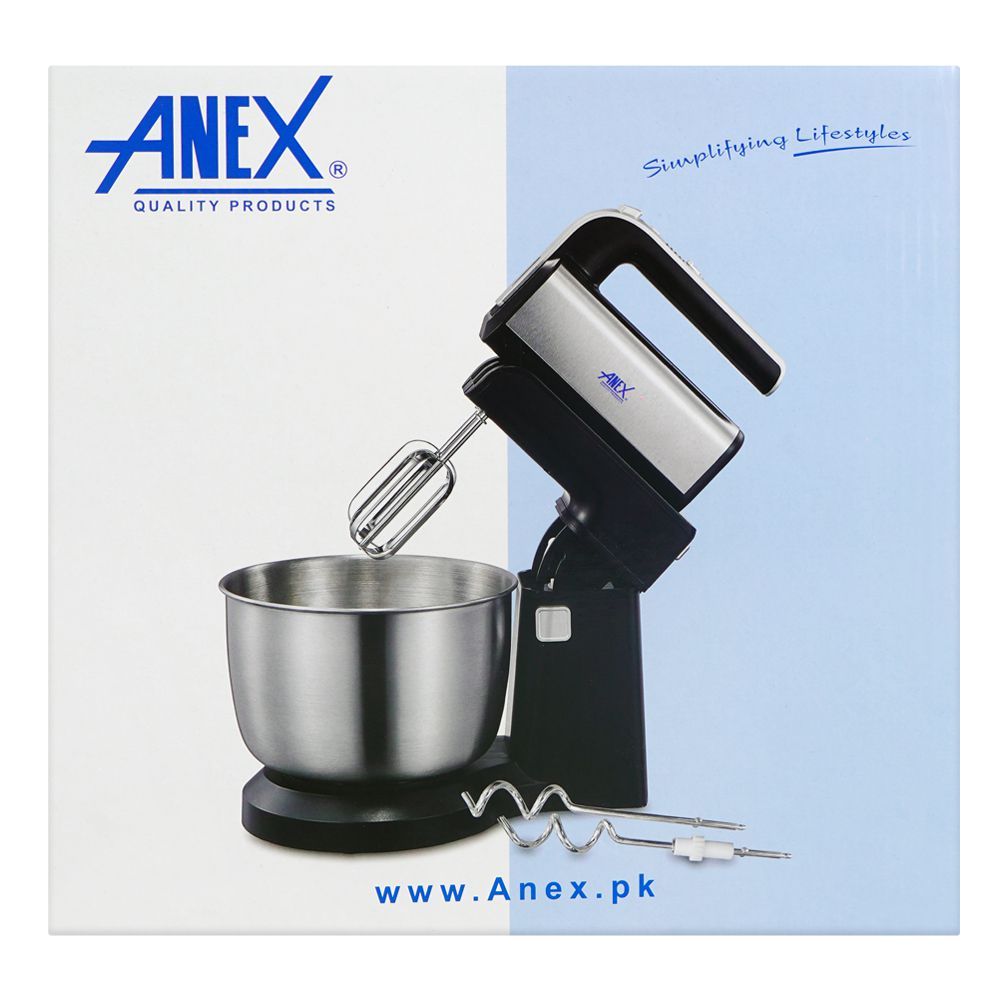 Anex Deluxe Hand Mixer with Bowl, 2 Chrome Beater & Dough Hook, 450W, 3.5 Liter Bowl, Black, AG-822 - Image 3