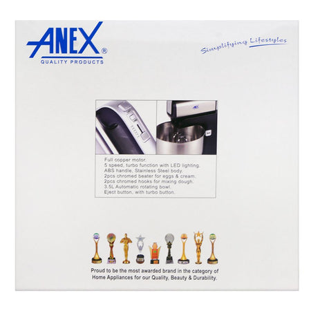 Anex Deluxe Hand Mixer with Bowl, 2 Chrome Beater & Dough Hook, 450W, 3.5 Liter Bowl, Black, AG-822 - Image 4