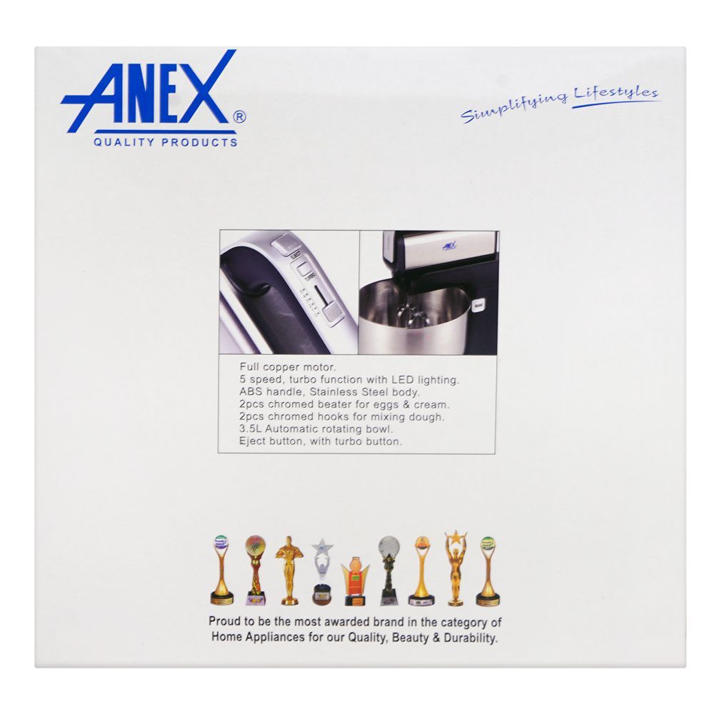 Anex Deluxe Hand Mixer with Bowl, 2 Chrome Beater & Dough Hook, 450W, 3.5 Liter Bowl, Black, AG-822 - Image 4