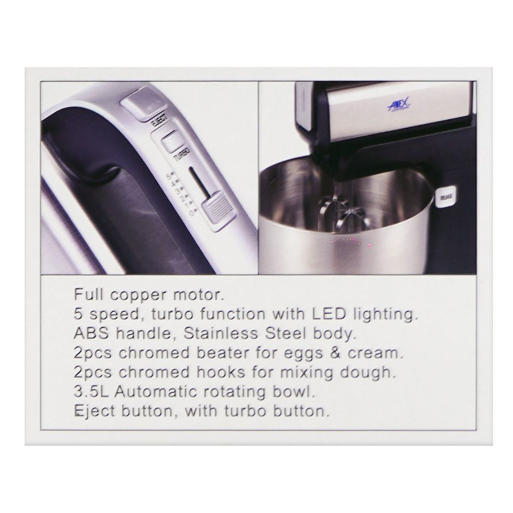 Anex Deluxe Hand Mixer with Bowl, 2 Chrome Beater & Dough Hook, 450W, 3.5 Liter Bowl, Black, AG-822 - Image 5