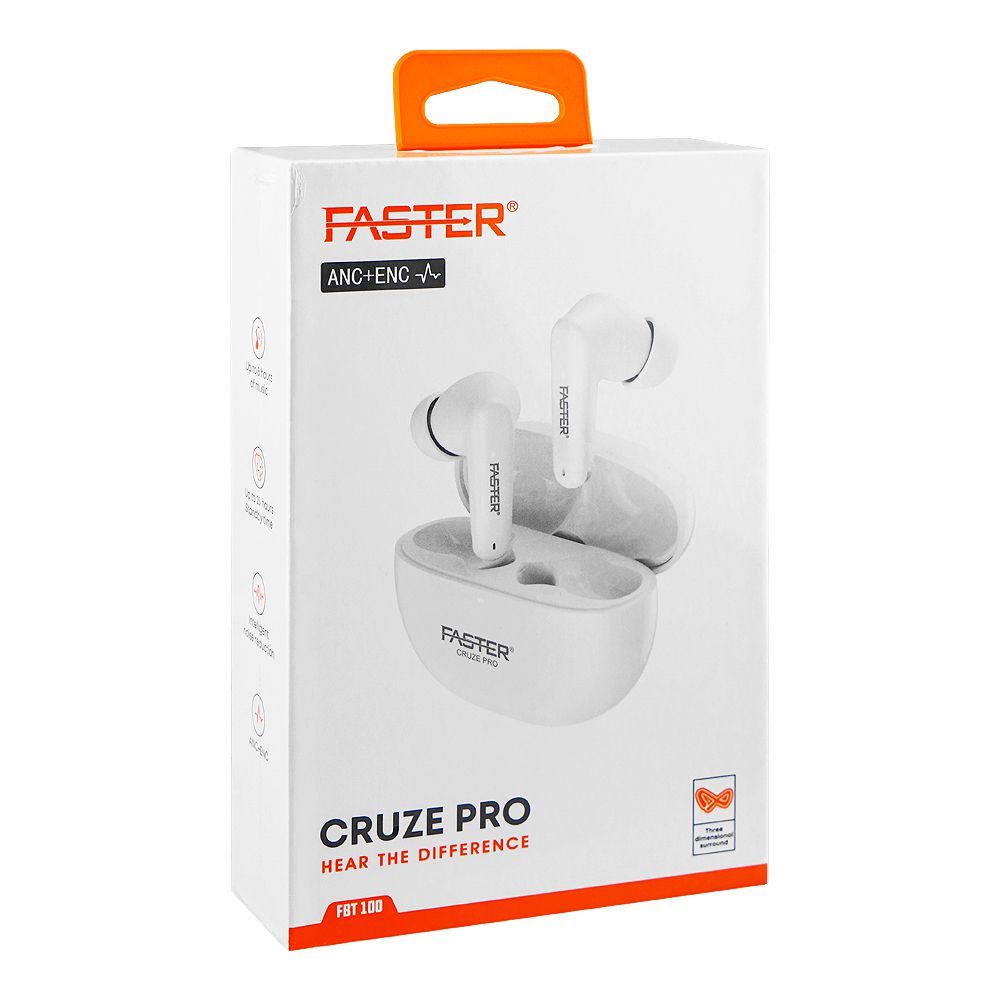Faster Cruze Pro ANC+ENC Wireless Earbuds, 25H Playtime, White, FBT-100 - Main Image