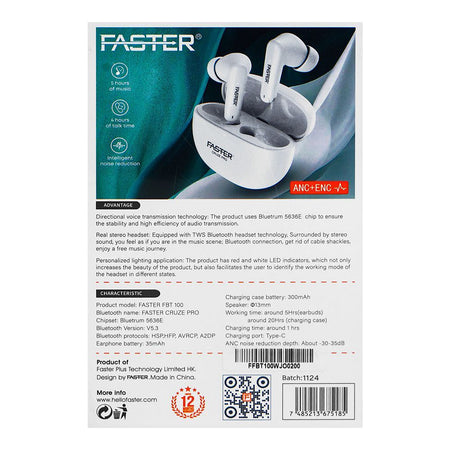 Faster Cruze Pro ANC+ENC Wireless Earbuds, 25H Playtime, White, FBT-100 - Image 3
