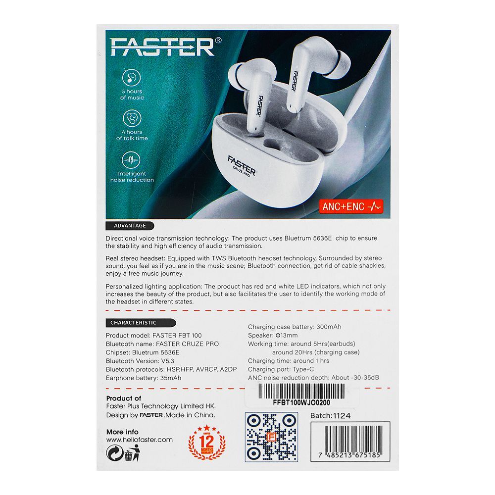 Faster Cruze Pro ANC+ENC Wireless Earbuds, 25H Playtime, White, FBT-100 - Image 3