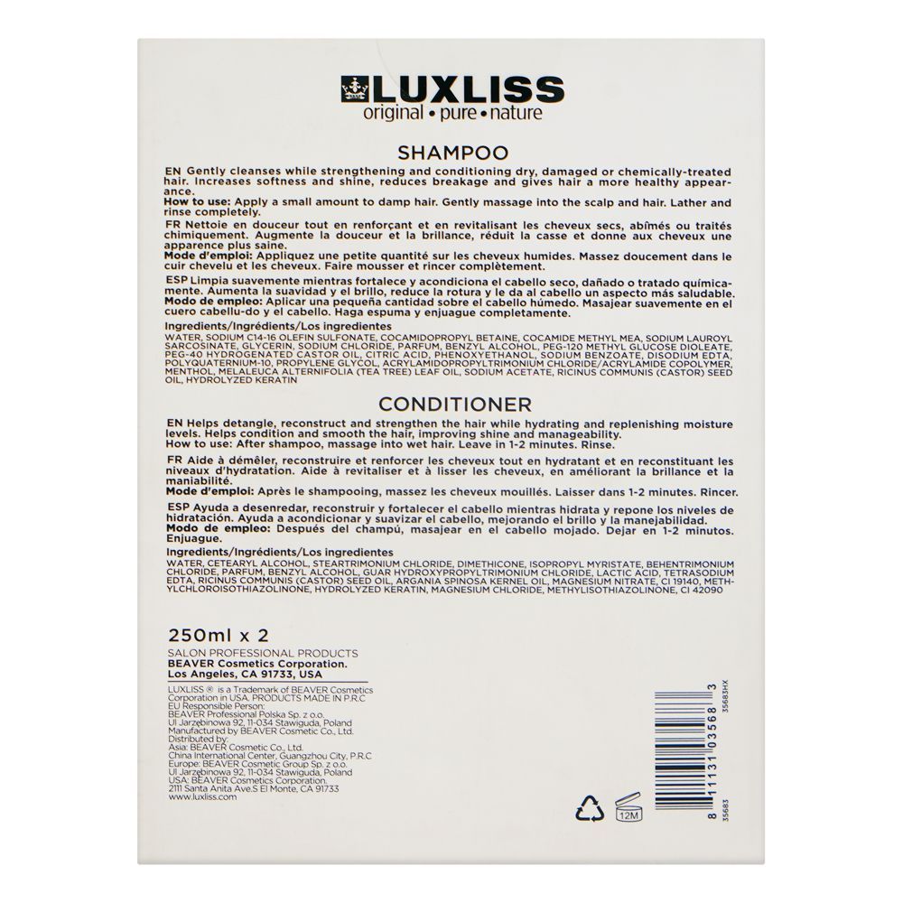 Beaver Luxliss Moisturizing Shampoo & Conditioner, Sulfates & Parabens Free, 250ml Each, 2-Pack - Image 2
