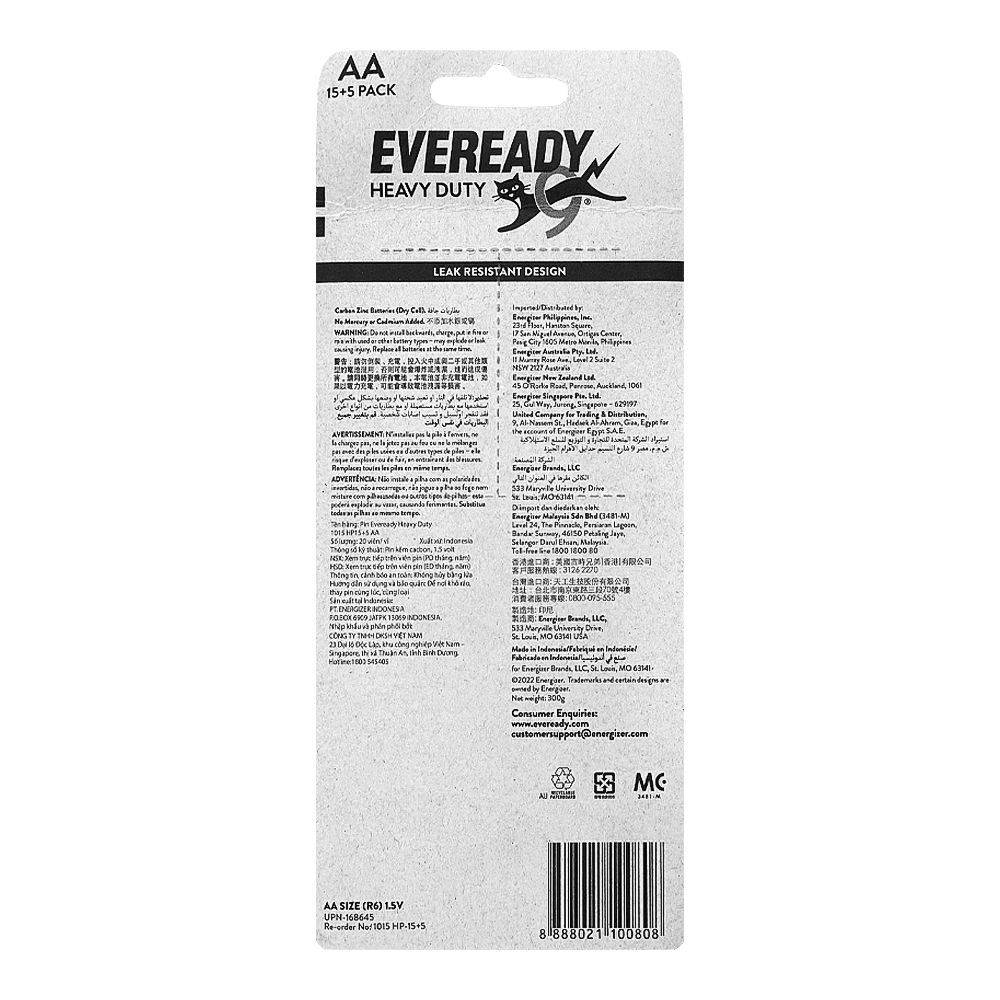 Eveready Heavy Duty Carbon Zinc Batteries, Battery Cells, Size AA, 15+5-Pack, R6 - Image 2