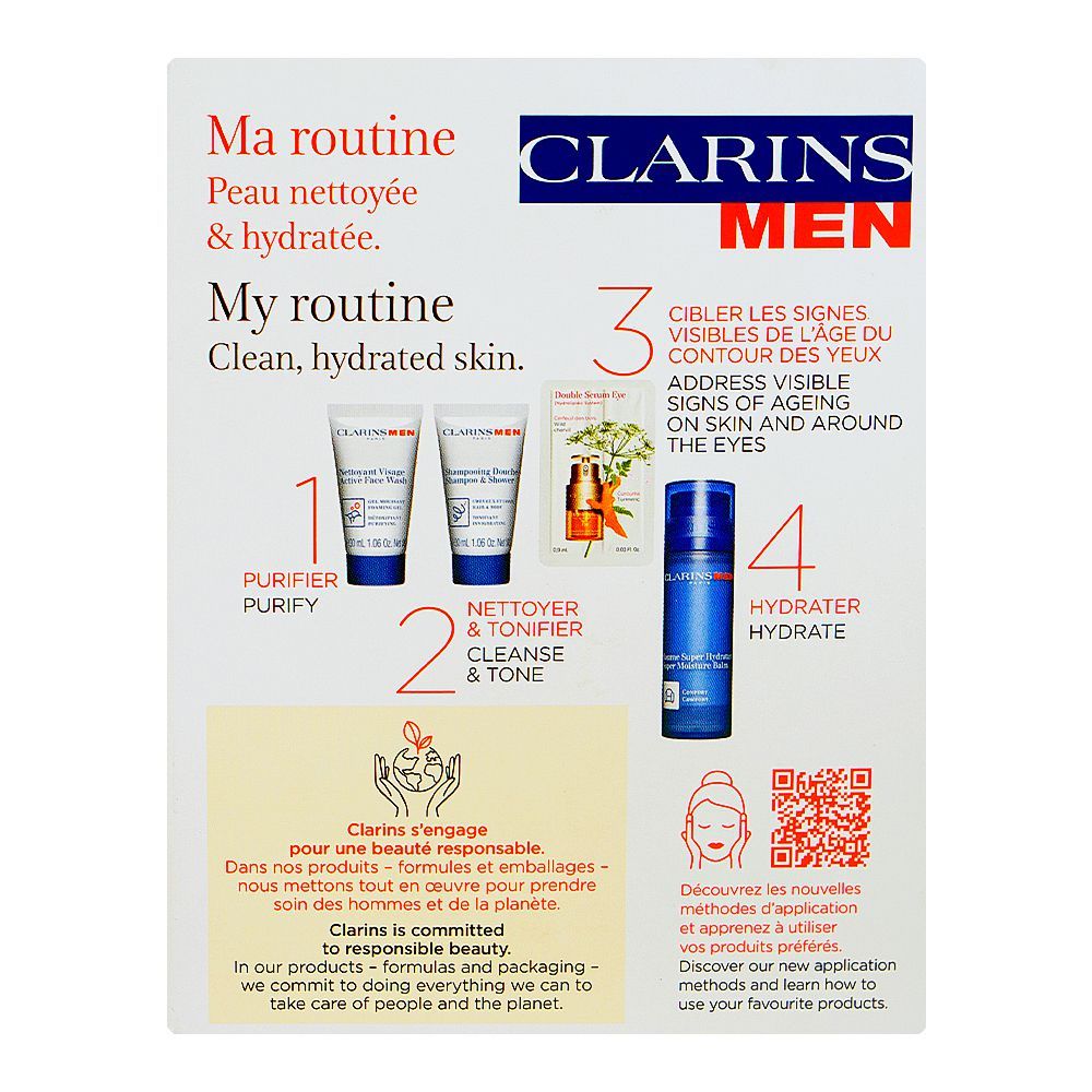 Clarins Men Hydration Essentials: Face Balm 50ml+Face Wash 30ml+2-in-1 Shampoo & Shower Gel 30ml+Eye Serum 0.9ml, 4-Pack - Image 2