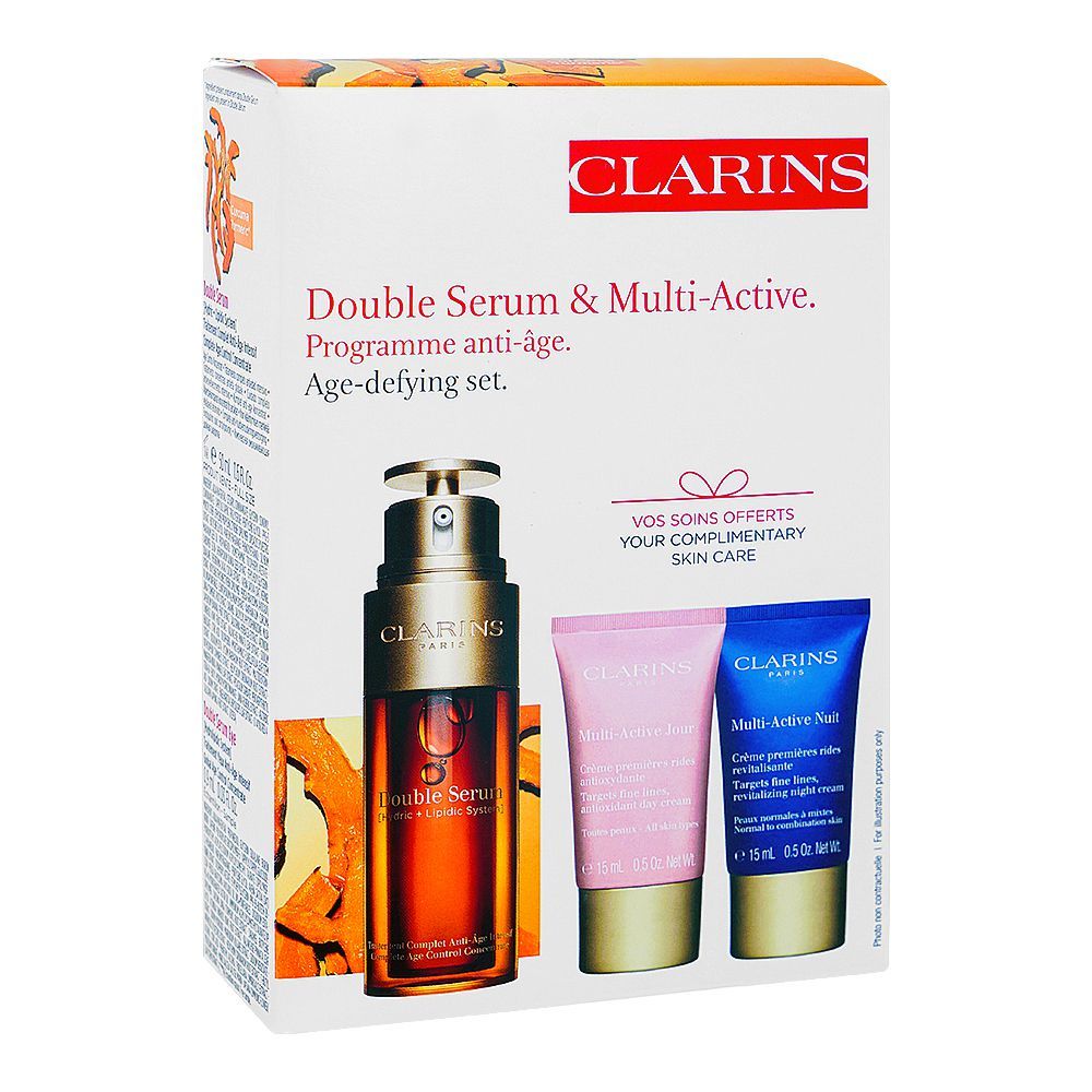 Clarins Paris Age-Defying Set: Face Double Serum 50ml+Multi-Active Day & Night Cream 15ml+Eye Serum 0.9ml, 4-Pack - Main Image