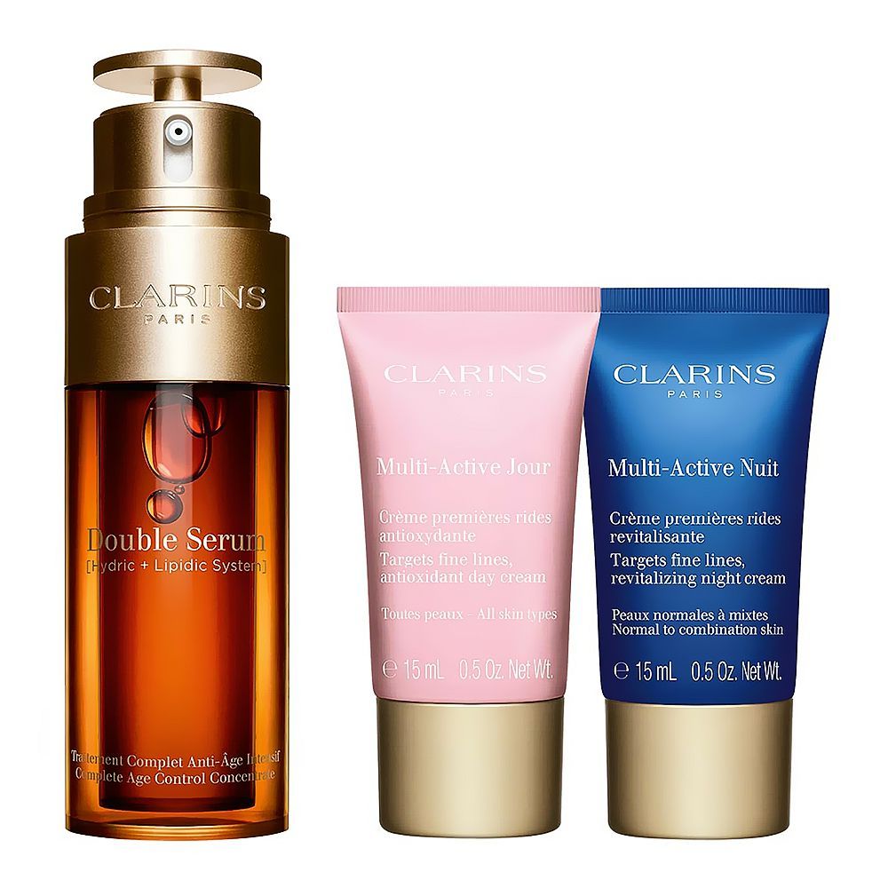 Clarins Paris Age-Defying Set: Face Double Serum 50ml+Multi-Active Day & Night Cream 15ml+Eye Serum 0.9ml, 4-Pack - Image 3