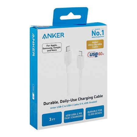 Anker 322 USB-C To USB-C Braided Cable (3ft, 60W), White, A81F5H21 - Image 2