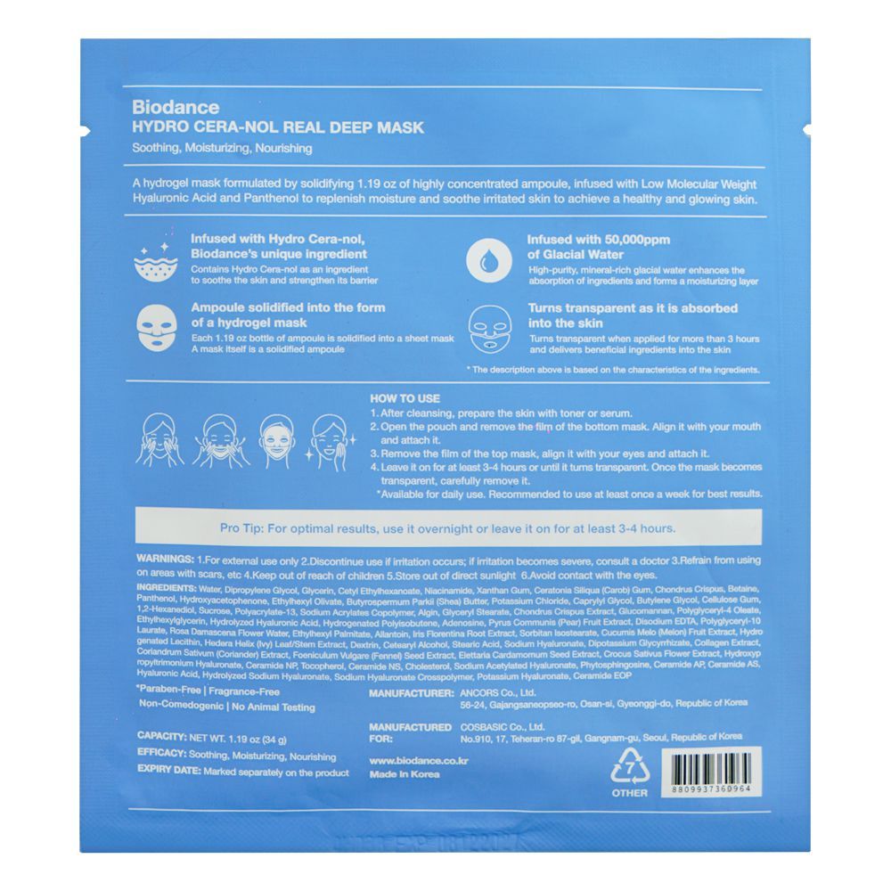 BIODANCE Hydro Cera-nol Deep Hydration Facial Sheet Mask, Soothing & Moisturizing Face Mask, 34g - Image 2