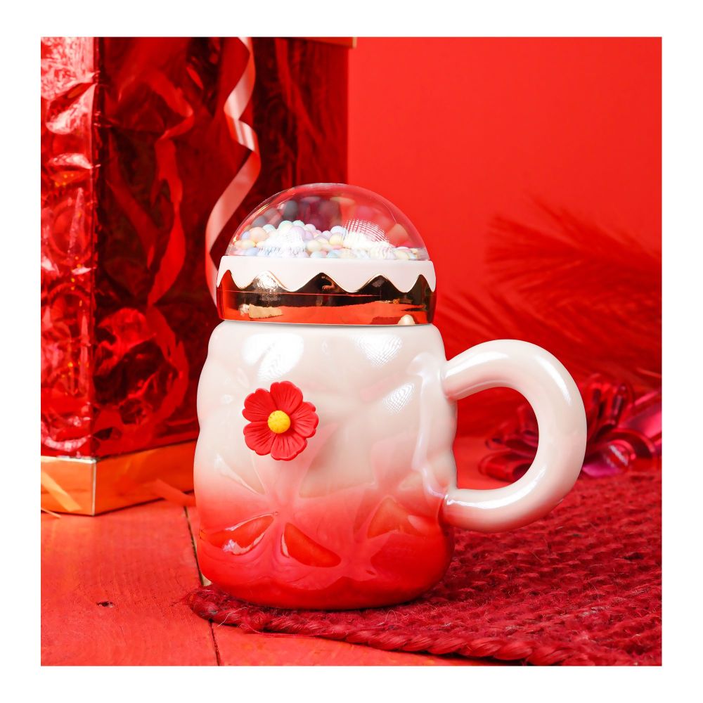 Floral Ceramic Coffee & Tea Mug with Lid, Red, MG-2 - Main Image