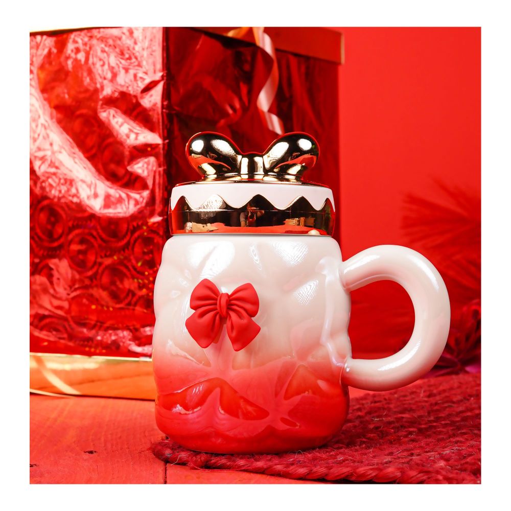Bow Tie Ceramic Coffee & Tea Mug with Lid, Red, MG -1 - Main Image