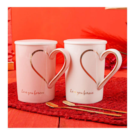 Heart Holder Coffee & Tea Couple Mug Set with Lid & Spoon, Pink & Cream, MG-12 - Main Image