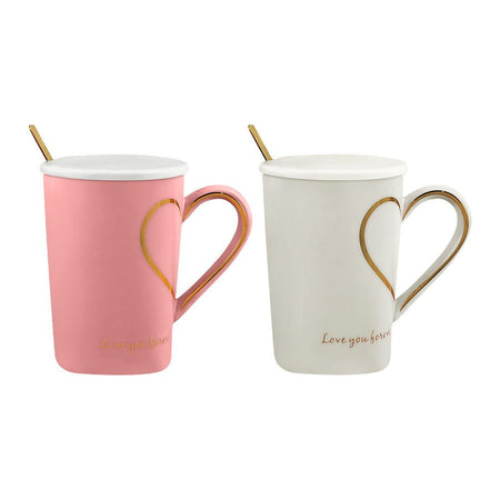 Heart Holder Coffee & Tea Couple Mug Set with Lid & Spoon, Pink & Cream, MG-12 - Image 2