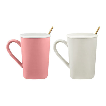 Heart Holder Coffee & Tea Couple Mug Set with Lid & Spoon, Pink & Cream, MG-12 - Image 3