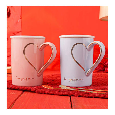 Heart Holder Coffee & Tea Couple Mug Set with Lid & Spoon, Pink & Blue, MG-12 - Main Image