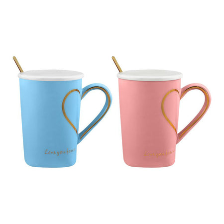 Heart Holder Coffee & Tea Couple Mug Set with Lid & Spoon, Pink & Blue, MG-12 - Image 2