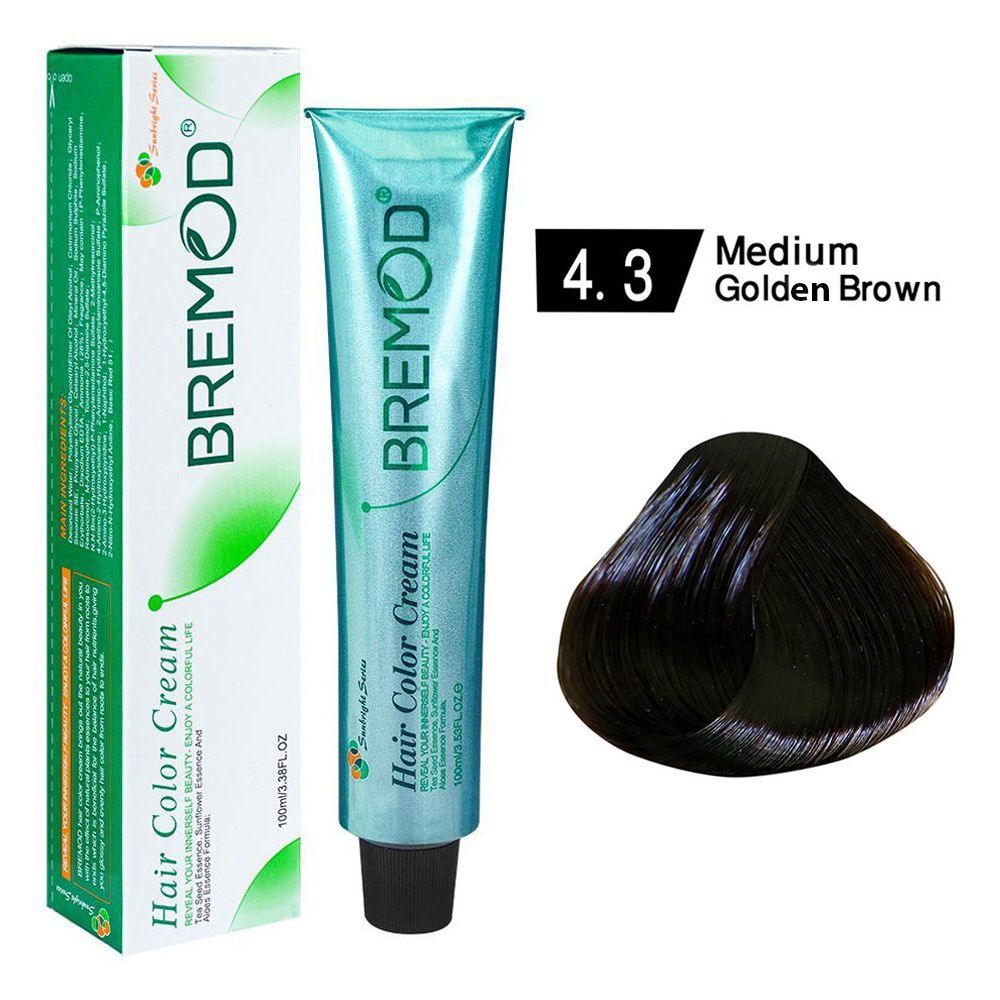 Bremod Hair Color Cream - Salon Quality Hair Dye, 100ml, 4/3 Medium Golden Brown - Main Image
