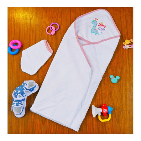 Kids Center Dino Girl Baby Hooded Bath Towel, White & Peach - Main Image