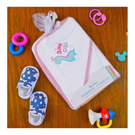 Kids Center Dino Girl Baby Hooded Bath Towel, White & Peach - Image 2