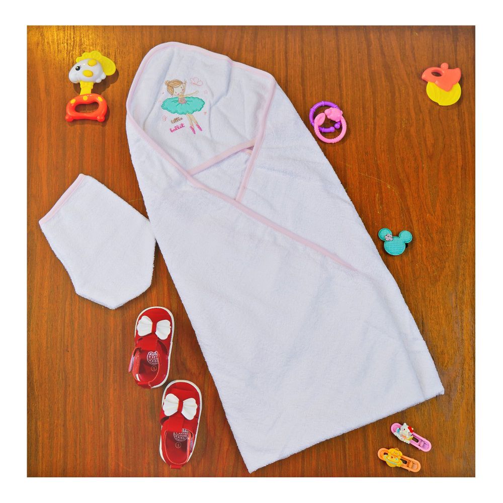 Kids Center Little Ballet Baby Hooded Bath Towel, White & Pink - Main Image