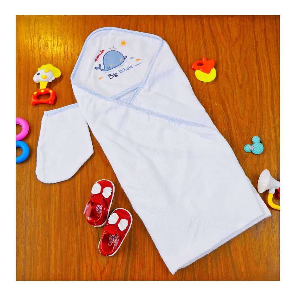 Kids Center Big Whale Baby Hooded Bath Towel, White - Main Image