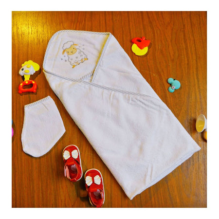 Kids Center Sheep Baby Hooded Bath Towel, White & Grey - Main Image