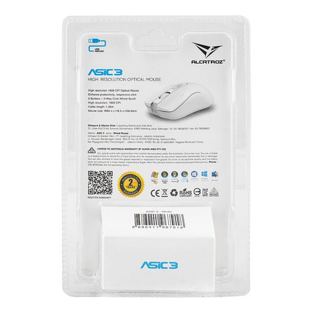 Alcatroz Asic 3 High-Resolution 1600 CPI USB Optical Wired Mouse, White - Image 3