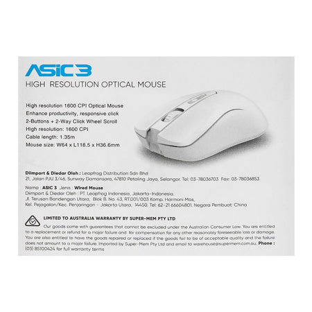 Alcatroz Asic 3 High-Resolution 1600 CPI USB Optical Wired Mouse, White - Image 4