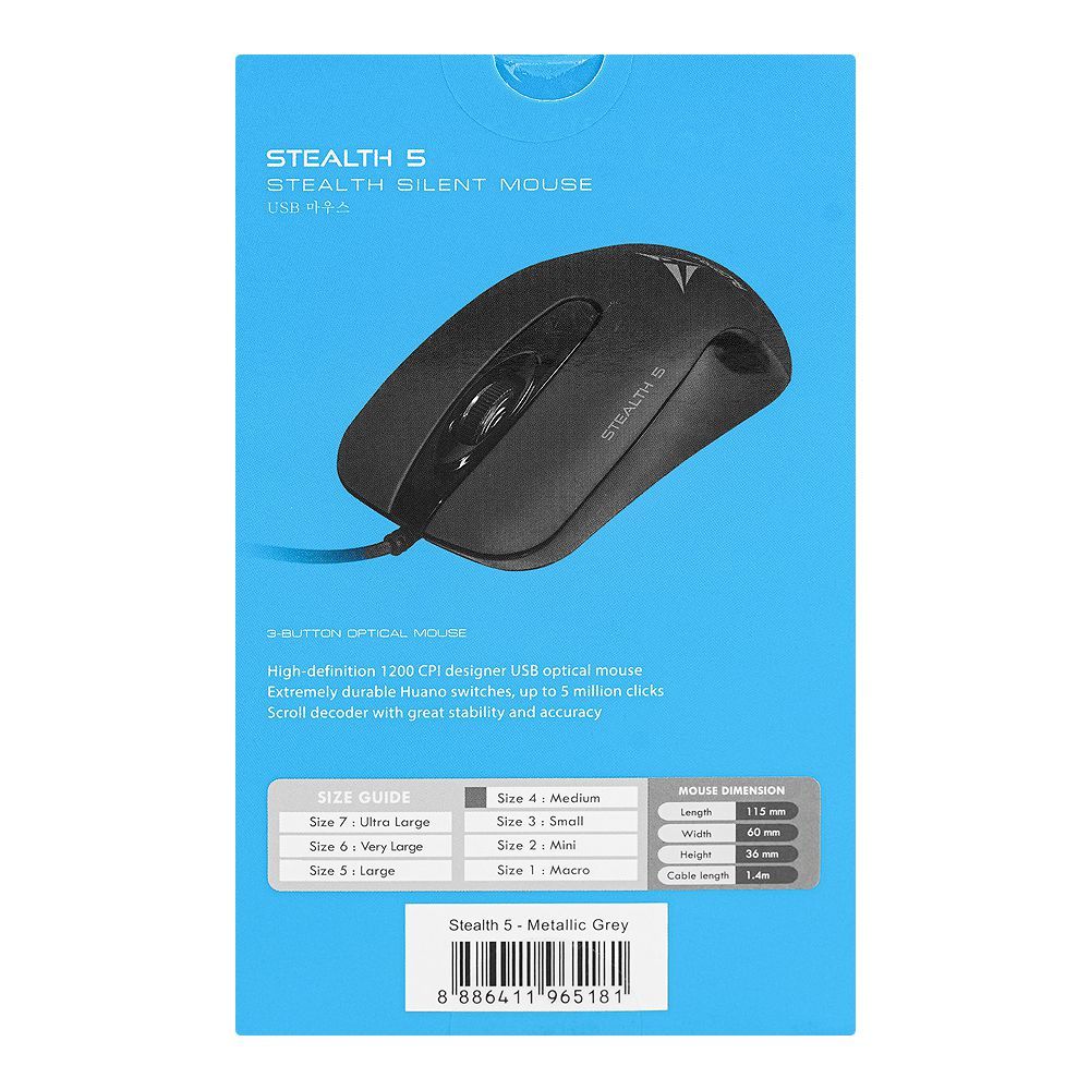 Alcatroz Stealth 5 Silent 1200 CPI USB Optical Wired Mouse, Metallic Grey - Image 3
