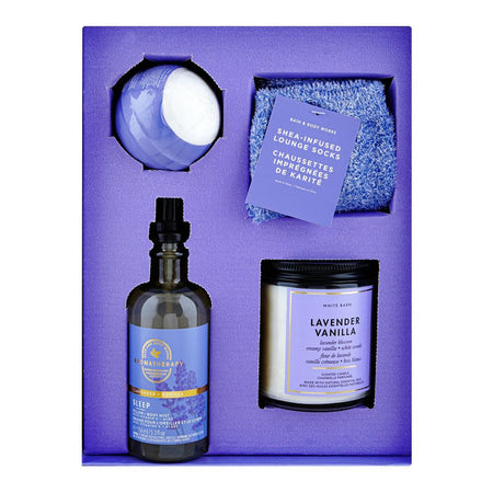 Bath & Body Works Lavender Vanilla Gift Set: 156ml Sleep Body Mist+Candle+Bath Fizzy Ball+Socks, For Women, 4-Pack - Image 2