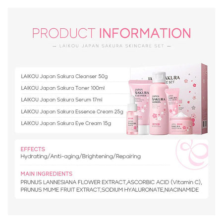 Laikou Sakura Skincare Set with Cleanser, Toner, Serum, Face & Eye Cream, 5-Pack, LK891531 - Image 2