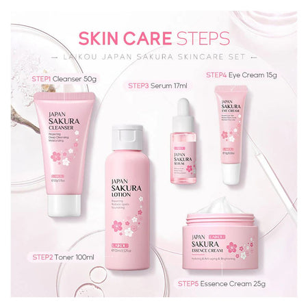 Laikou Sakura Skincare Set with Cleanser, Toner, Serum, Face & Eye Cream, 5-Pack, LK891531 - Image 3