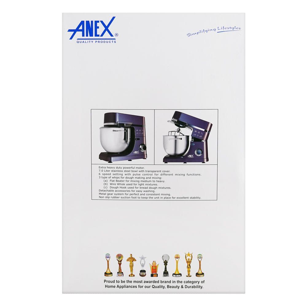 Anex Deluxe Stand Mixer, 1500W, 7 Liter Stainless Steel Bowl, Black, AG-820 - Image 4