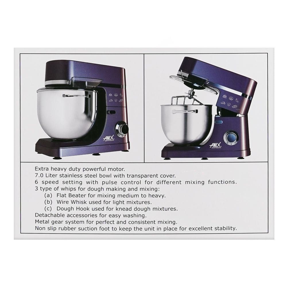 Anex Deluxe Stand Mixer, 1500W, 7 Liter Stainless Steel Bowl, Black, AG-820 - Image 5