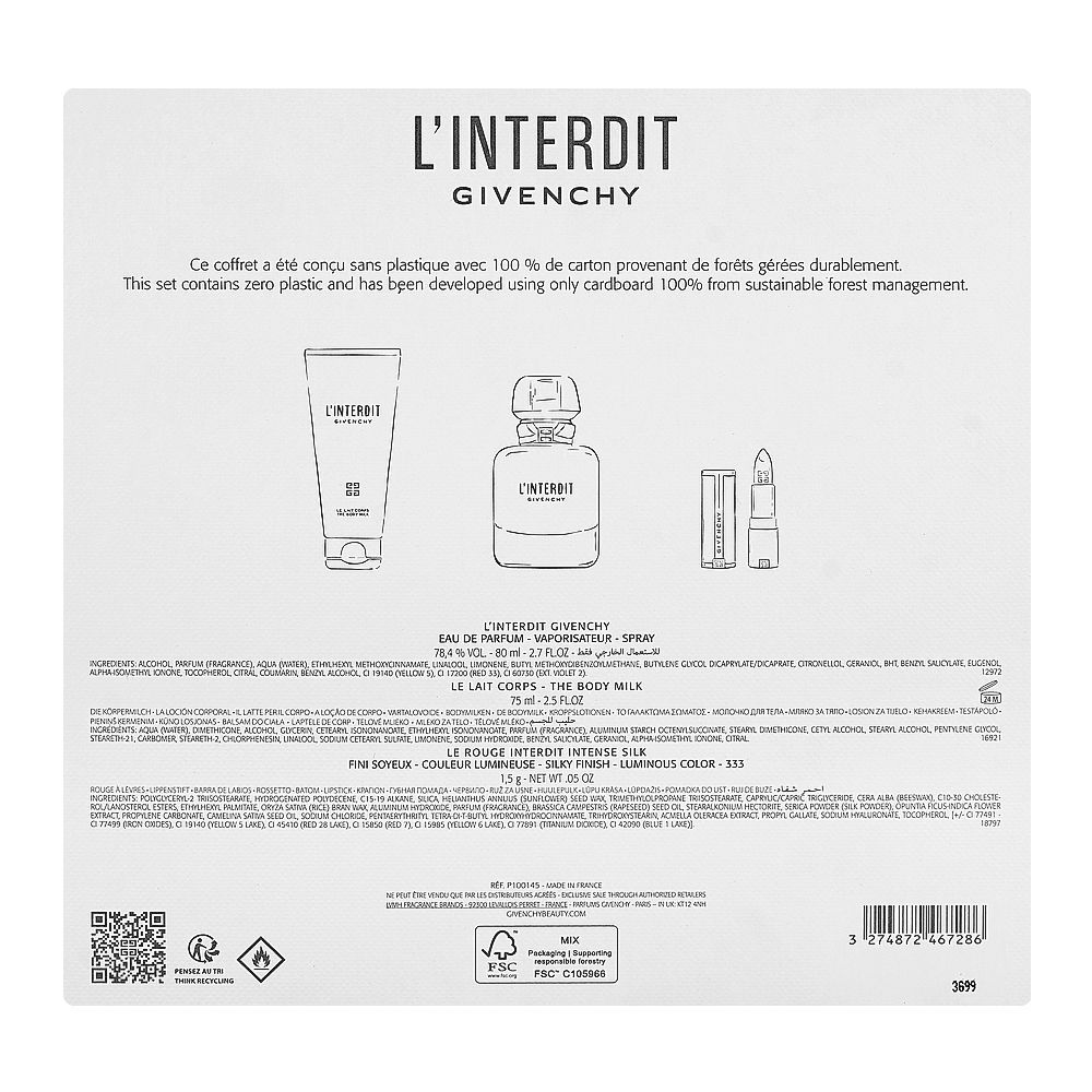 Givenchy L'Interdit Gift Set: Eau De Parfum 80ml+Body Milk 75ml+Lipstick 333, For Women, 3-Pack - Image 3