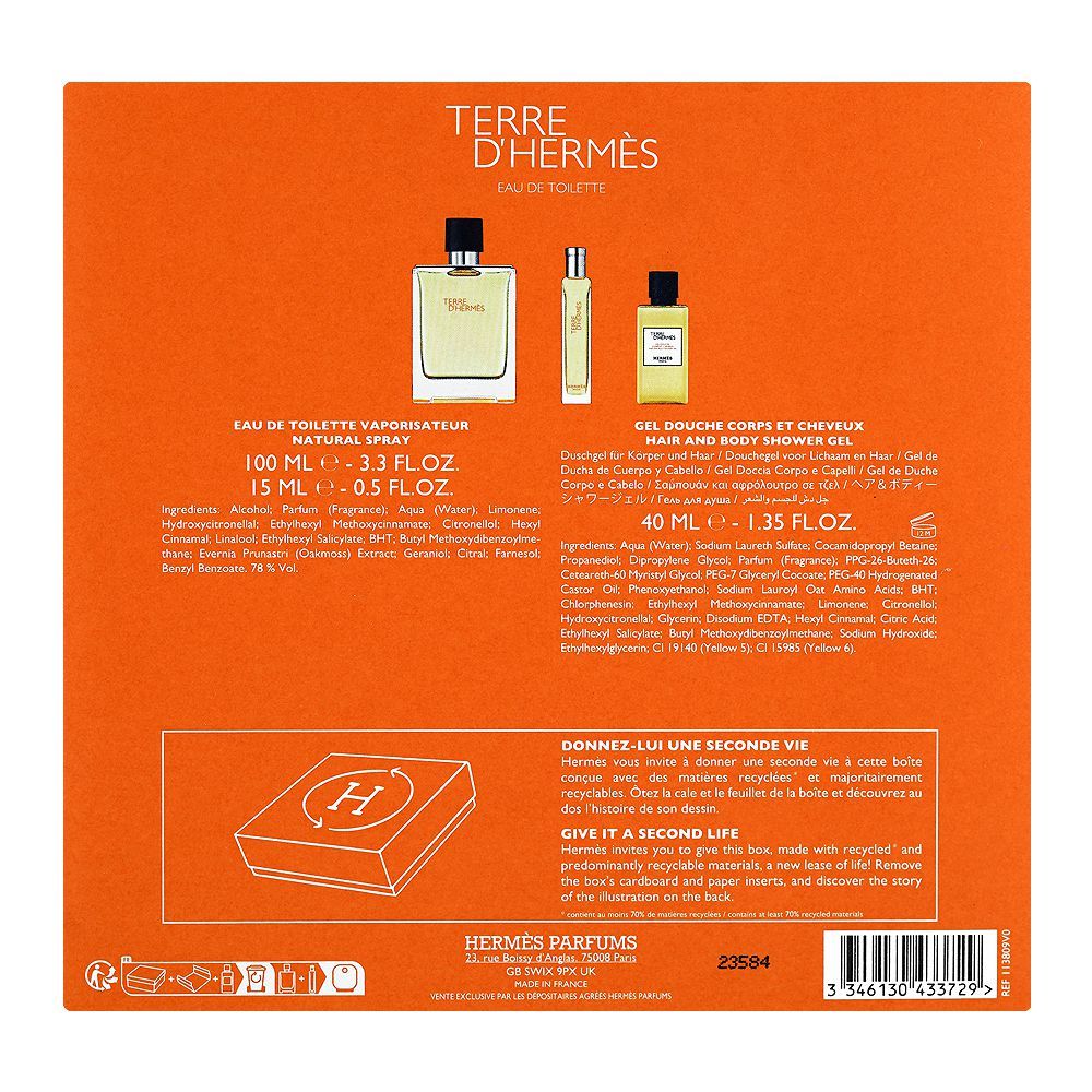 Hermes Terre D'Hermes Gift Set: Eau de Toilette 100ml + Eau de Toilette 15ml + Shower Gel 40ml, For Men, 3-Pack - Image 3